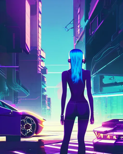 Image similar to digital illustration of cyberpunk pretty girl with blue hair, looking at a purple lamborghini, back view, in junkyard at night, by makoto shinkai, ilya kuvshinov, lois van baarle, rossdraws, basquiat