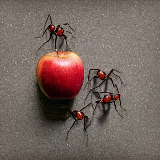 Prompt: Ants crawling on a half-eaten apple, XF IQ4, 150MP, 50mm, f/1.4, ISO 200, 1/160s, natural light, Adobe Photoshop, Adobe Lightroom, DxO Photolab, Corel PaintShop Pro, rule of thirds, symmetrical balance, depth layering, polarizing filter, Sense of Depth, AI enhanced