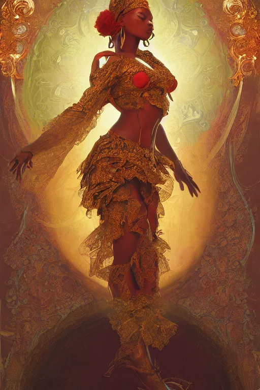 Prompt: tarot card artstation, portrait of a nigerian love dancer, sunrise, baroque ornamnet and rococo ornament, ancient chinese ornate, hyperdetailed, beautiful lighting, craig mullins, mucha, klimt, yoshitaka amano, red and gold and orange color palatte