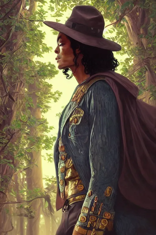 Prompt: male cottagecore michael jackson portrait with nature as background, intricate, swagger, highly detailed, digital painting, artstation, concept art, smooth, sharp, focus, illustration, art by artgerm and greg rutkowski and alphonse mucha