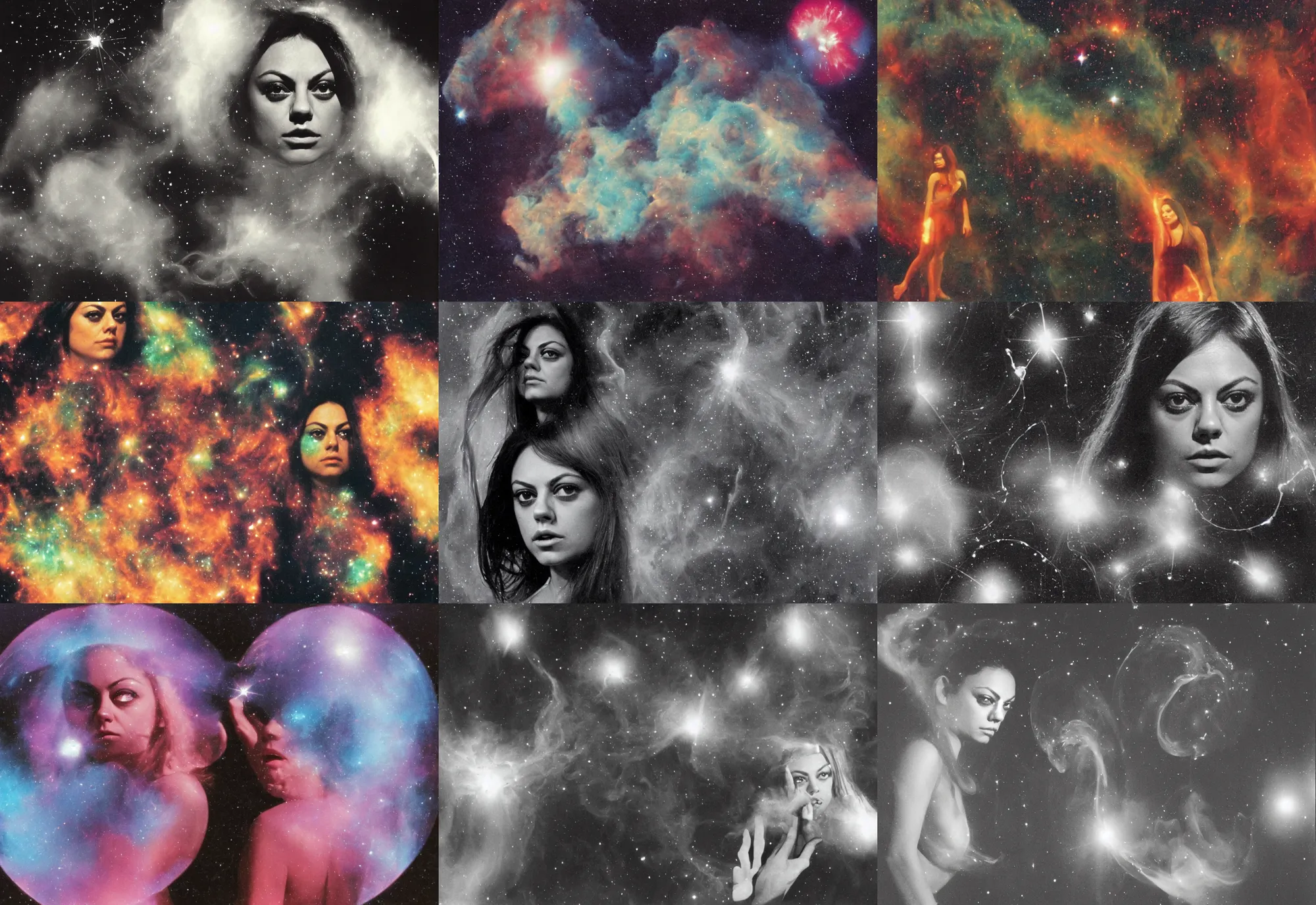 Prompt: 1970 Mila Kunis looking into the camera with small reflective bubbles, puffs of colored smoke, Nebula, Ludek Pesek, Rick Guidice, Chesley Bonestell, Lucien Rudaux, Rolf Klep, Fred Freeman, George Pal