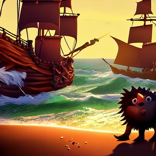 Image similar to sea of thieves scene with a hedgehog on a pirate ship, digital art, epic lighting, game screenshot, danish flag