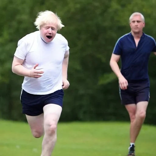 Image similar to Photo of Boris Johnson running, wearing a white t shirt and shorts