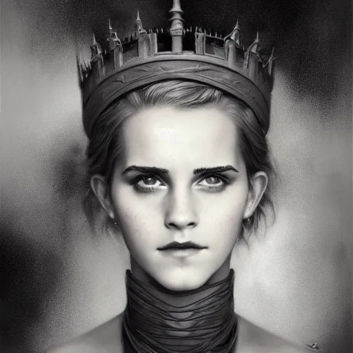 Prompt: By Tom Bagshaw, ultra realist soft painting of a castle court by night, centered fading Emma watson fully dressed, horror, omnious sky, symmetry accurate features, very intricate details, black and white, volumetric light clouds, 8K