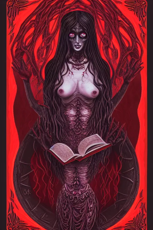 Image similar to ai illustration of demoness and her book of necronomicon, symmetrical, cinematic, sharp focus, 4 k, ultra hd, sense of awe, sinister demonic atmosphere, dreadful, forbidden knowledge, old gods. demonology journal cover