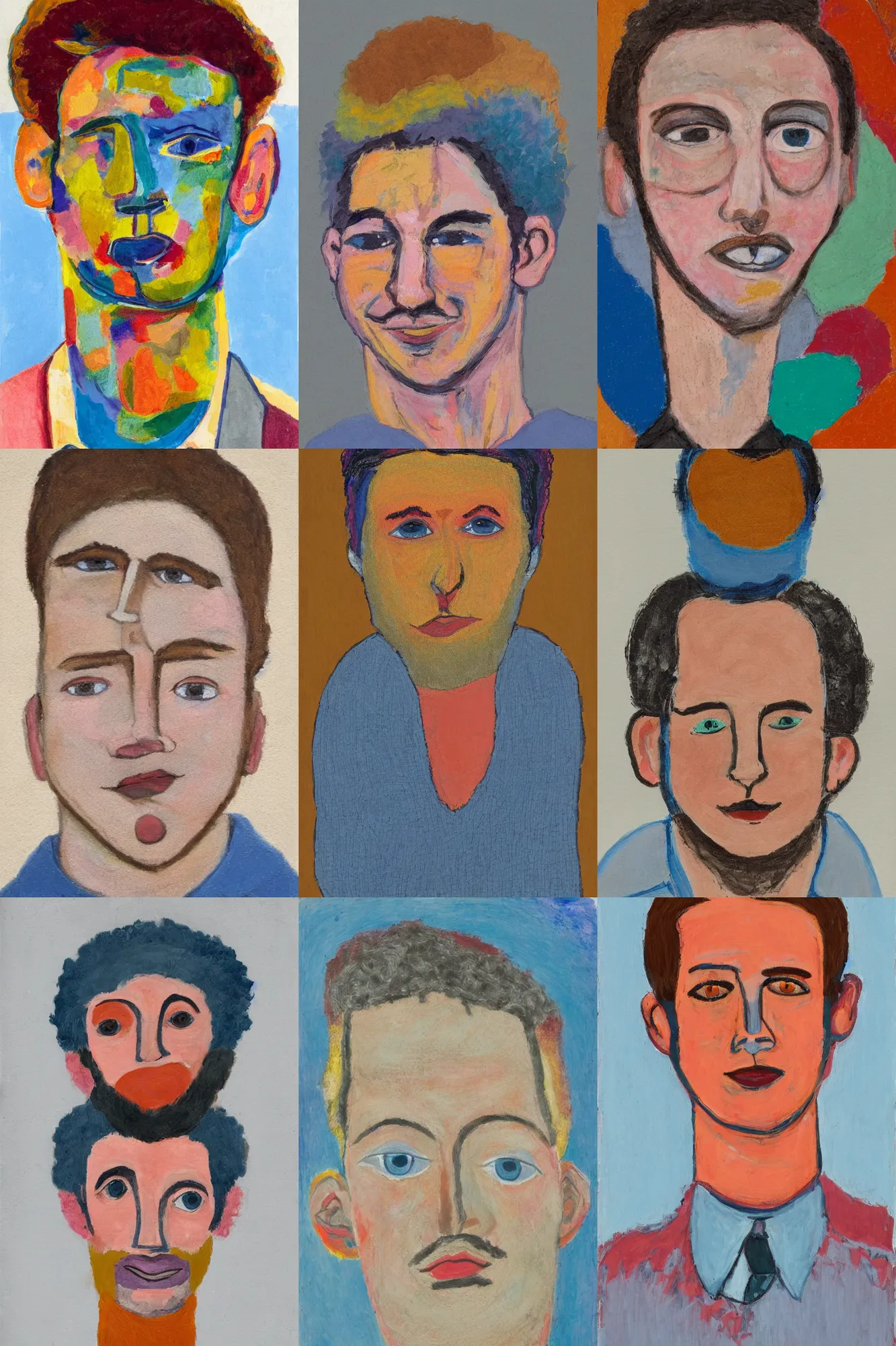 Prompt: A colorful, vivid, vibrant portrait en buste of a man in his twenties, soft round features, oval face, warm skin tone, narrow blue grey eyes, small ears, short length wavy dark blond hair, kind smile, bags under eyes, slight stubble, mole on cheek, wearing a textured ochre cotton dress shirt rolled at the elbows, fauvisme, art du XIXe siècle, figurative oil on canvas by André Derain, Albert Marquet, Auguste Herbin, Louis Valtat, Musée d'Orsay catalogue