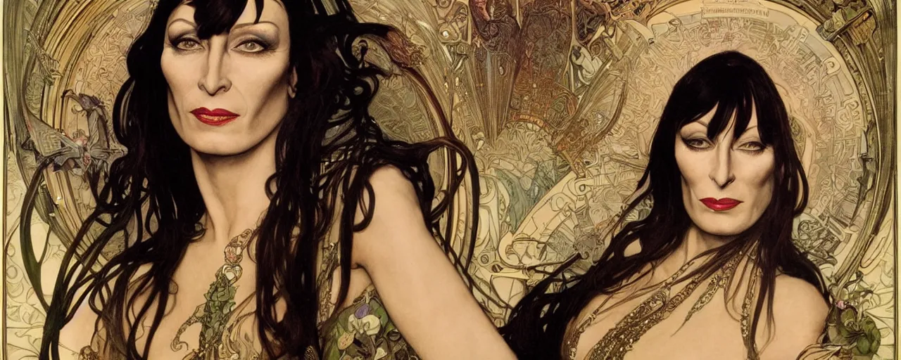 Image similar to stunning exotic art nouveau portrait of anjelica huston as an industrial dieselpunk queen of the night by glenn fabry, simon bisley and alphonse mucha, photorealism, extremely hyperdetailed, perfect symmetrical facial features, perfect anatomy, ornate declotage, spikes, latex, confident expression, wry smile, sinister eyes