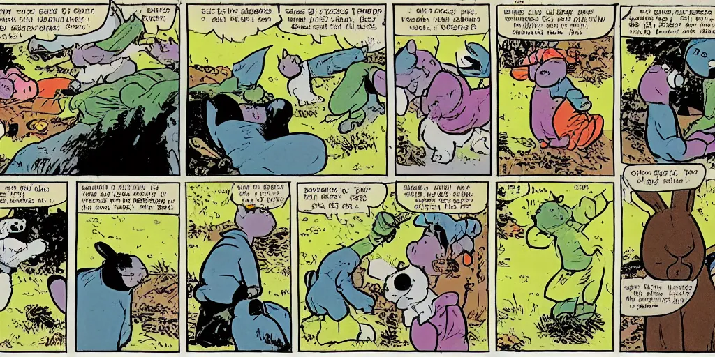 Image similar to a comic book strip about bear and a rabbit