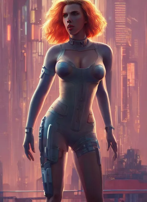 Image similar to full length photo of scarlett johansson the cover of sports illustrated 1 9 6 5, cyberpunk, science fiction, intricate, elegant, highly detailed, digital painting, artstation, concept art, matte, sharp focus, illustration, hearthstone, art by artgerm and greg rutkowski and alphonse mucha