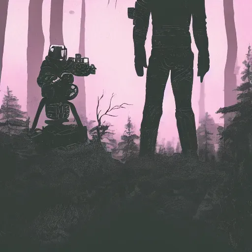 Prompt: in the style of max prentis and deathburger and laurie greasley a silhouette of two young explorers wearing cyberpunk headpieces standing on a giant abandoned robot head in the middle of an enchanting forest, long shot, wide angle, highly detailed, 8k wallpaper