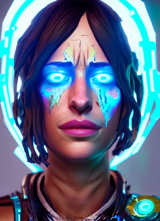 Image similar to glowwave portrait of dakota johnson from borderlands 3, au naturel, hyper detailed, digital art, trending in artstation, cinematic lighting, studio quality, smooth render, unreal engine 5 rendered, octane rendered, art style by klimt and nixeu and ian sprigger and wlop and krenz cushart.