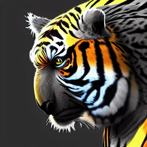 Image similar to a parrot and a tiger fused together, hyperdetailed, artstation, cgsociety, 8 k