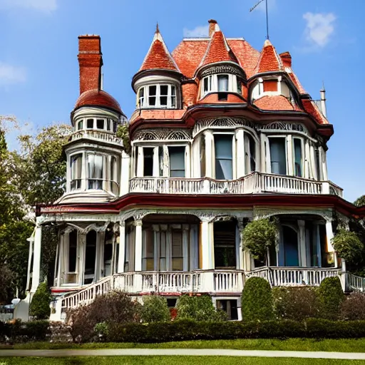 Image similar to beautiful victorian house, queen anne, mansard roof, turrets, photography, awarding winning, high quality, high resolution