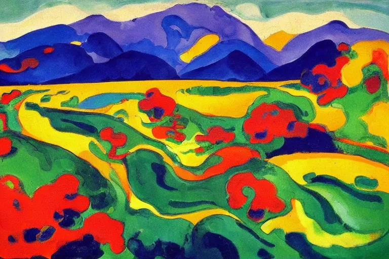 Image similar to Landscape painting. Wild energy patterns rippling in all directions. Curves, zig-zags. Organic. Mountains. Clouds. Vegetation. Rushing water. Waves. LSD. Fauvism. Emil Nolde.