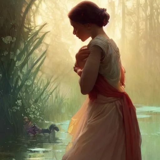 Image similar to young girl saying goodbye to her mother, highly detailed, digital painting, artstation, concept art, sharp focus, illustration, art by alex ross and greg rutkowski and alphonse mucha