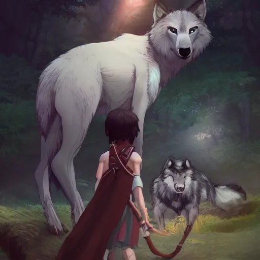 Image similar to Princess Mononoke and Moro the wolf, portrait by loish and WLOP, octane render, dark fantasy, trending on ArtStation