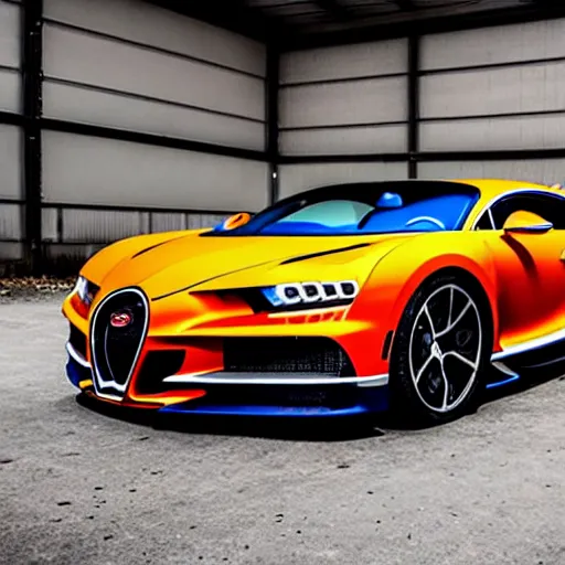 Image similar to an abandoned, derelict, rusty bugatti chiron in a dirty warehouse