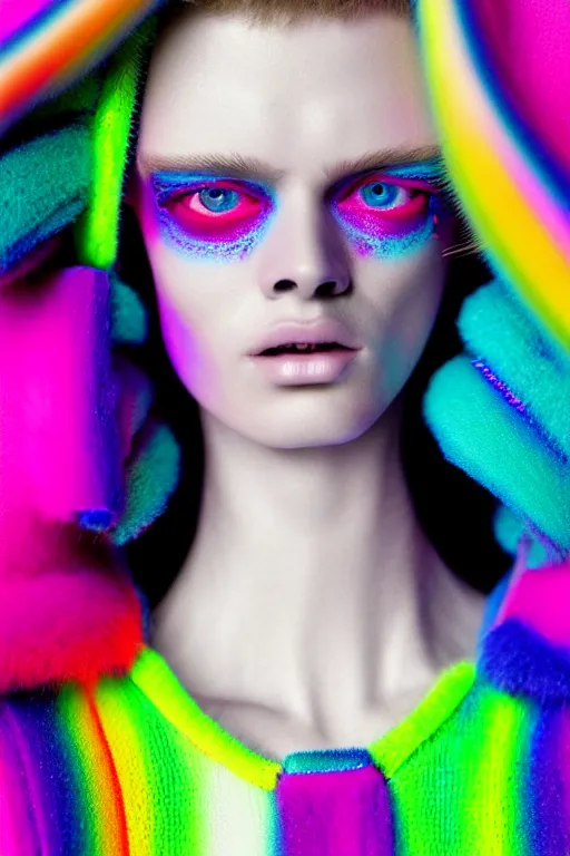 Image similar to stylish pullover for a rave bright colors, many details, photo for a magazine, photo for a store, fashion photography, Vogue, cinematic, hyper realism, high detail, 8k, very coherent symmetrical work, perfect face model, full length photo, Upper and lower body, white eyes, photographer style by Nik Night Erik Madigan Hec and Walter Chin and Camilla Akrans and Miles Aldridge