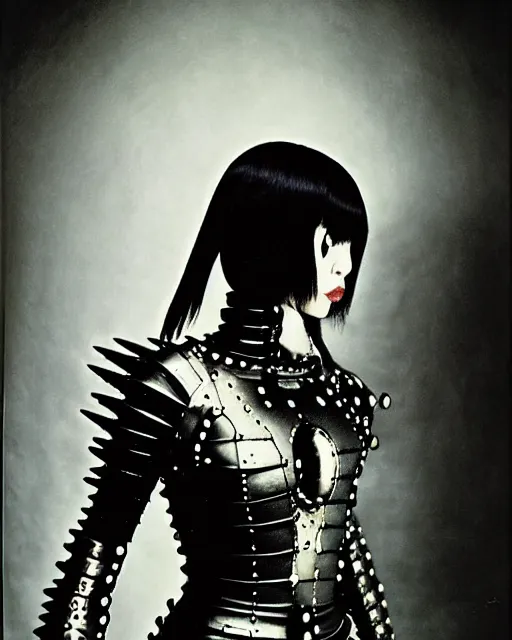 Image similar to portrait of a skinny punk goth yayoi kusama wearing armor by simon bisley, john blance, frank frazetta, fantasy, thief warrior, bauhaus brutalist