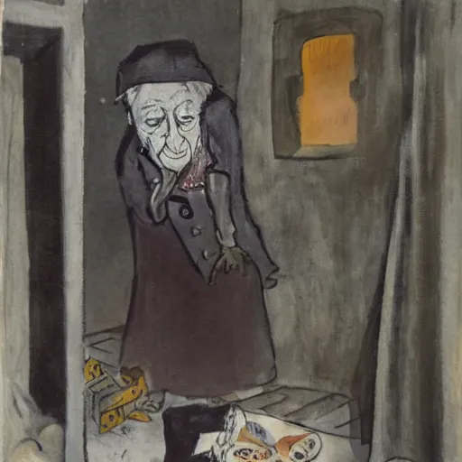 Prompt: queen elizabeth painted as a beggar in a dark forbidding alleyway by george grosz