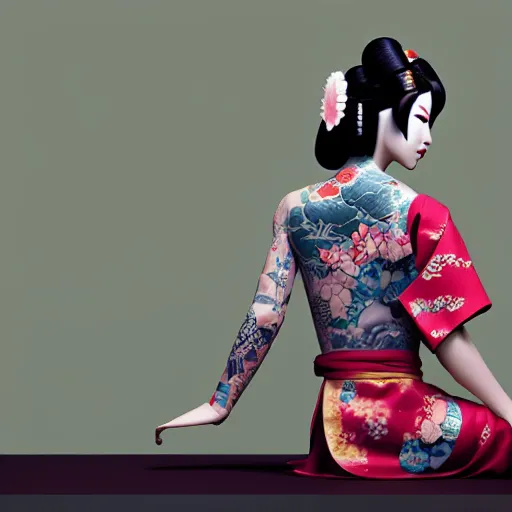 Image similar to an android geisha in a lotus position wearing a flowing kimono and tattoos, octane render, unreal engine, 8 k, cinematic, artwork by ilya kuvshinov