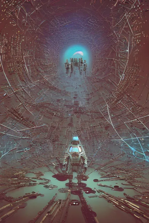 Image similar to interstellar spacetime dystopía made of bits of data | moods by Beeple toothwu gurney Beksiński | hard surface rendering; 3D realistic materials;cybersteampunk | geometry of various pieces of interconnected rusted metallic radial gears, chains, gizmos, cogs, sprogs | touch of skyblue science fiction fantasy