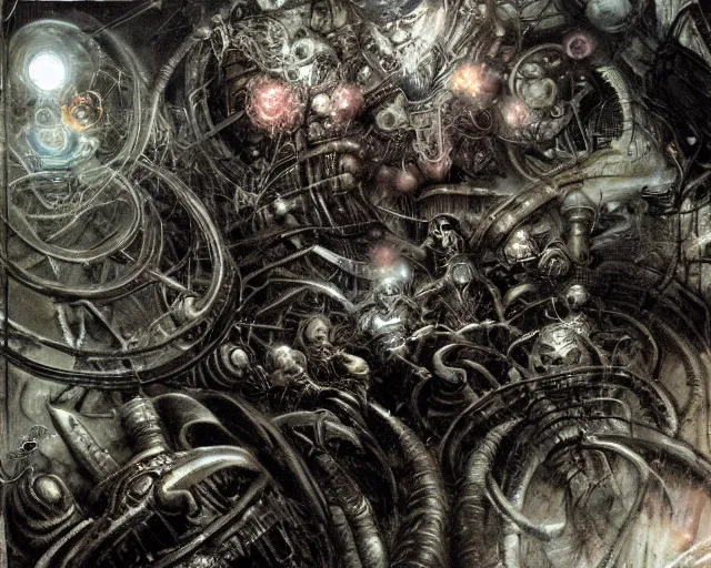 Image similar to lost in cyberspace with servitors chasing me, dim lighting, royo, giger, frazetta, whealan,