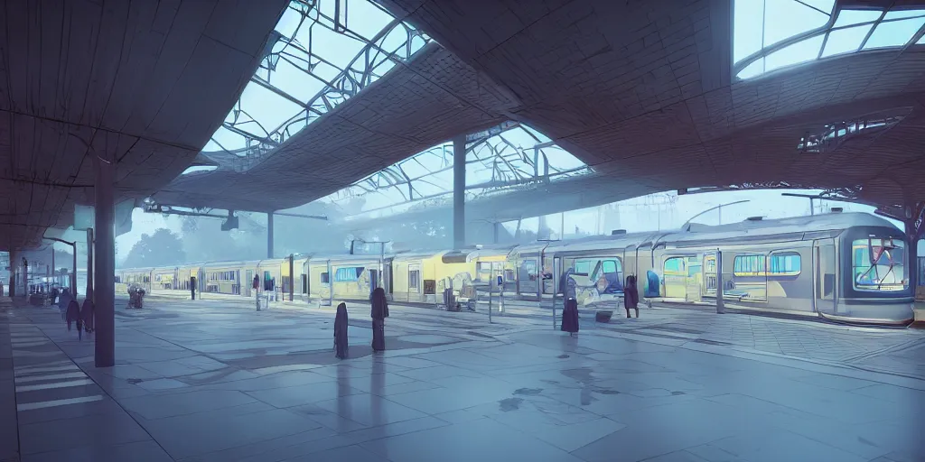 Prompt: a modern train station, by pascal campion, octane render, unreal engine 6, epic game graphics, conceptual art, ray tracing