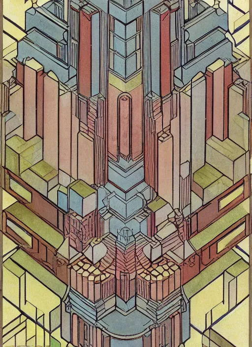 Prompt: isometric artdeco cathedral by frank lloyd wright, isometric, painted by piet mondrian in isometric from above