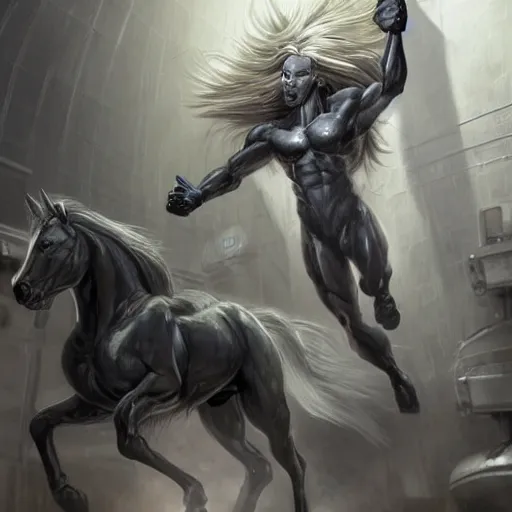 Image similar to a enormously muscled black - coated anthro horse supersoldier with long white hair wearing tactical kevlar fabric in a research facility, exaggerated muscle physique, highly detailed, furry, furaffinity, digital painting, artstation, sharp focus, smooth, concept art, illustration, art by artgerm, greg rutkowski, makoto shinkai