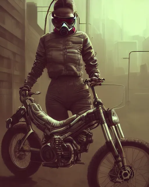 Prompt: koyto animation girl wearing cyberpunk intricate streetwear riding dirt bike, respirator, detailed portrait, cell shaded, 4 k, concept art, by wlop, ilya kuvshinov, artgerm, krenz cushart, greg rutkowski, pixiv. cinematic dramatic atmosphere, sharp focus, volumetric lighting, cinematic lighting, studio quality