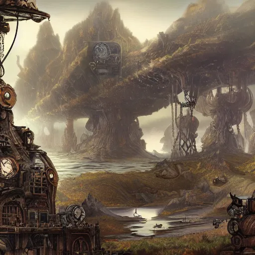 Prompt: Steampunk landscape with clockwork robotic creatures and animals, and vast lakes and vistas, caverns and mountains in the distance, concept art, intricate, sci fi art, cgsociety, trending on artstation