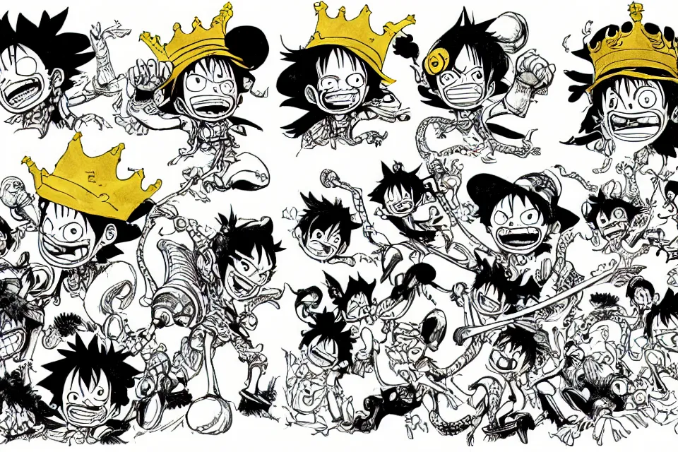 Image similar to concept sketches of luffy wearing a gold crown riding a large dragon by jamie hewlett, in the style of megaman, micro detail