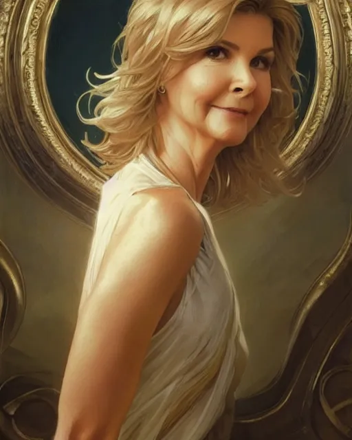 Image similar to Portrait of a Olivia Newton John going up to heaven, Michael Mcintyre looks on in background, real life skin, intricate, elegant, highly detailed, artstation, concept art, smooth, sharp focus, art by artgerm and greg rutkowski and alphonse mucha