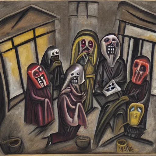 Image similar to several hooded disciples in purge masks, gathered in a brutalist courtyard, performing incantations over a fire in a barrel, by PJ Crook, oil on canvas