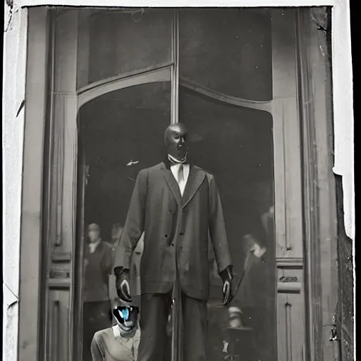 Prompt: 1 9 1 0 paris store window, manikin, suit, wax head, photograph, style of atget, old, creepy, smiling