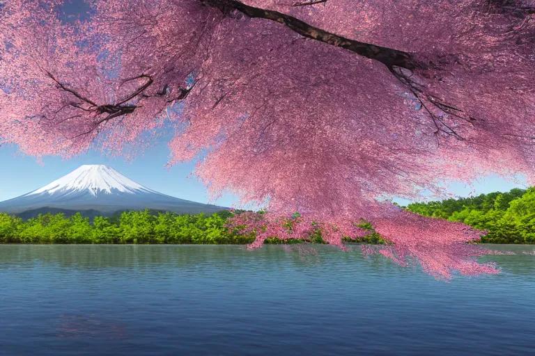 Prompt: mount fuji, view from behind lake, sunny morning, photorealistic landscape, 8 k, octane render, standing under blossoming cherry trees