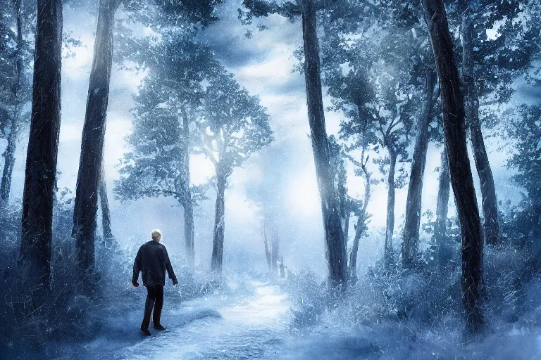 Prompt: portrait of Christopher Walken walking in a snowy pine forest, elegant, trending on artstation, highly detailed, digital painting, volumetric light, concept art, middle focus, illustration, lighting by Marc Adamus