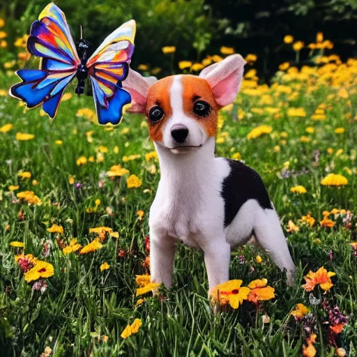 Prompt: a tiny puppy made of pinata, playing with a butterfly in a flowery meadow, real life, real camera, ultrarealistic