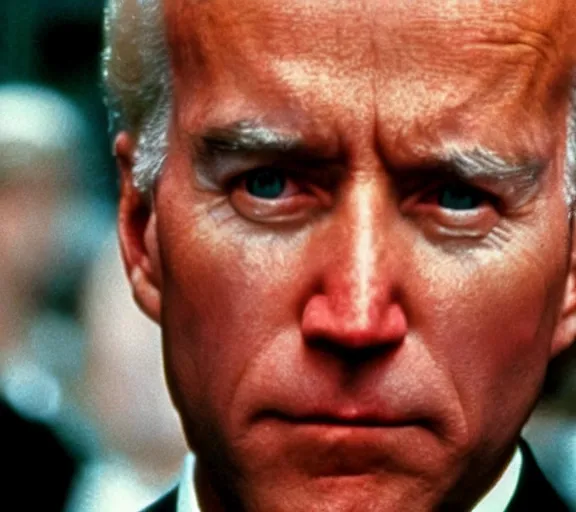 Image similar to color still shot of joe biden in film robocop 1 9 8 7, face closeup,