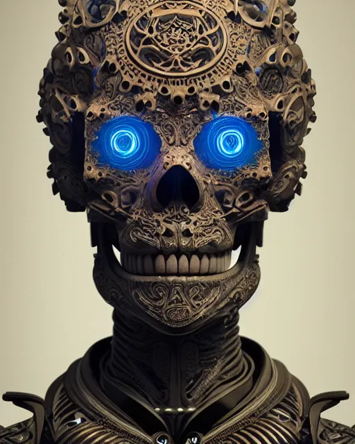 Image similar to 3 d ornate carved robot with tattoos profile portrait, sigma 5 0 0 mm f / 5. beautiful intricate highly detailed skull. bioluminescent, plasma, lava, ice, water, wind, creature, thunderstorm! artwork by tooth wu and wlop and beeple and greg rutkowski, 8 k trending on artstation