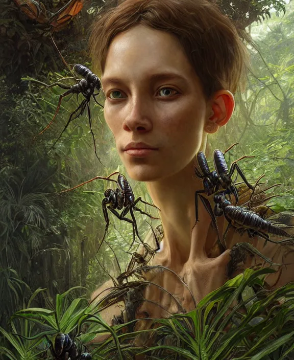 Prompt: intricate earth - toned portrait of a disturbing alien insect creature, mottling coloring, adorable, childlike, overgrown jungle environment, ultra realistic, concept art, maximalist, photorealistic, octane render, 8 k, unreal engine. art by christopher marley and artgerm and greg rutkowski and alphonse mucha