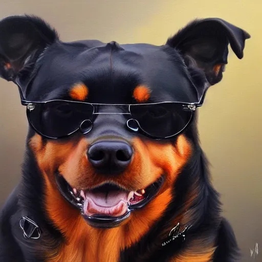 Image similar to rottweiler wearing shades, oil painting, artgerm, portrait, highly detailed, artstation