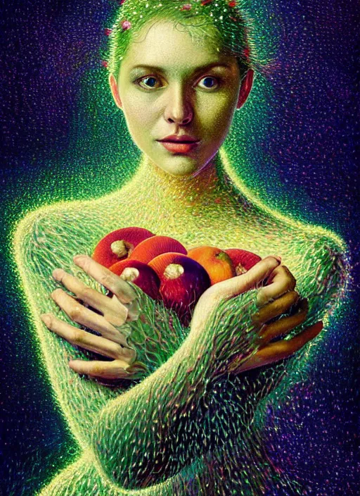 Image similar to hyper detailed 3d render like a Oil painting - Aurora (Singer) Eats of the Strangling Fruit and Her delicate Hands hold of gossamer polyp celium blossoms bring iridescent fungal flowers whose spores black the foolish stars by Jacek Yerka, Mariusz Lewandowski, Houdini algorithmic generative render, Abstract brush strokes, Masterpiece, Edward Hopper and James Gilleard, Zdzislaw Beksinski, Mark Ryden, Wolfgang Lettl, hints of Yayoi Kasuma, octane render, unreal engine 5 render, 8k