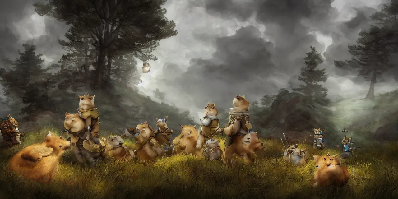 Prompt: portrait of cute anthropomorphic cat and capybara soldiers traveling in tundra between pine trees underneath big mountains with giant clouds, facing the camera, digital painting by rembrandt and akira toriyama, volumetric and cinematic lighting, d & d, artstation, epic 8 k