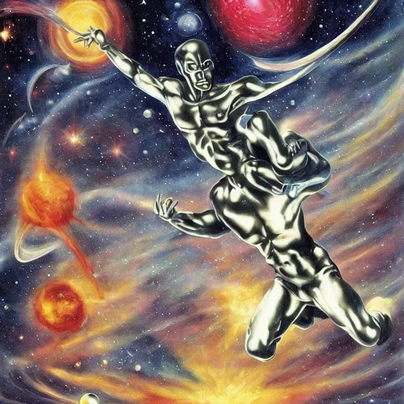 Prompt: alien silver surfer surfing by planets in space. action shot. pulp sci - fi art for omni magazine. high contrast. baroque period, oil on canvas. renaissance masterpiece.