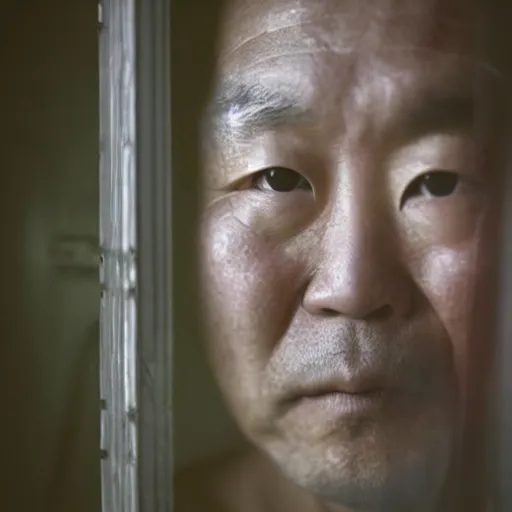 Image similar to a portrait of old justin sun in futuristic prison looking through the bars of his cell, by annie leibovitz, shallow depth of field, cinematic lighting