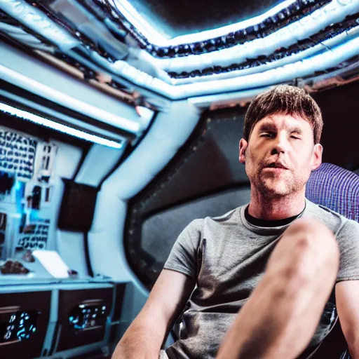 Prompt: a masculine man wearing a skirt sits in a spaceship, photography, movie still, dslr 5 5 mm, 4 k