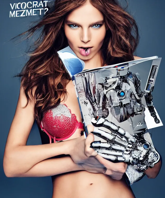 Image similar to a liquid metal robot is holding a fashion magazine and the magazine shows victoria's secret model and robot's head is partially moprhed into the model, realistic, 4 k