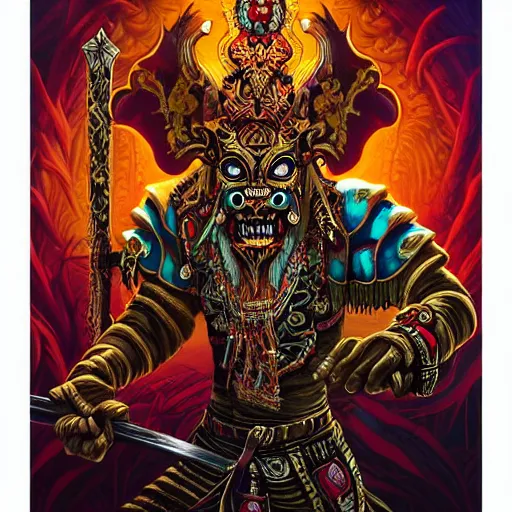 Image similar to barong family ancient sword with jewels, wiwek, mara demon, one single tribe member, jungle, one single mask, dark, ancient warrior, tribal, inner glow, art by dan mumford and justin gerard